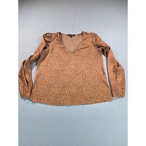 Banana Republic Blouse Women XS Tan Black Animal Print V-Neck Long Sleeve Puff